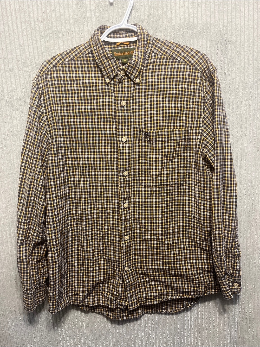 Timberland Men's Brown and Yellow Plaid Button-Down Shirt Medium